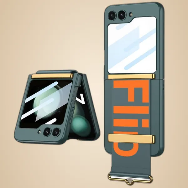 Gray_Green_Ultrathin_Pc_Wristband_Case_With_Glass_Protective_Flip_5_Cover_Shockproof_&_Scratch_Resistant_Hard_Case_Sleek_Look_With_Durable_Hinge_Shield_Samsung_Flip_5