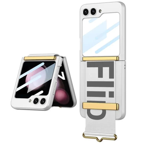 Silver_Ultrathin_Pc_Wristband_Case_With_Glass_Protective_Cover_For_Flip_5_Slim_Shockproof_Scratch_Resistant_Case_Durable_Body_With_Wrist_Strap_Samsung_Galaxy_Flip_5