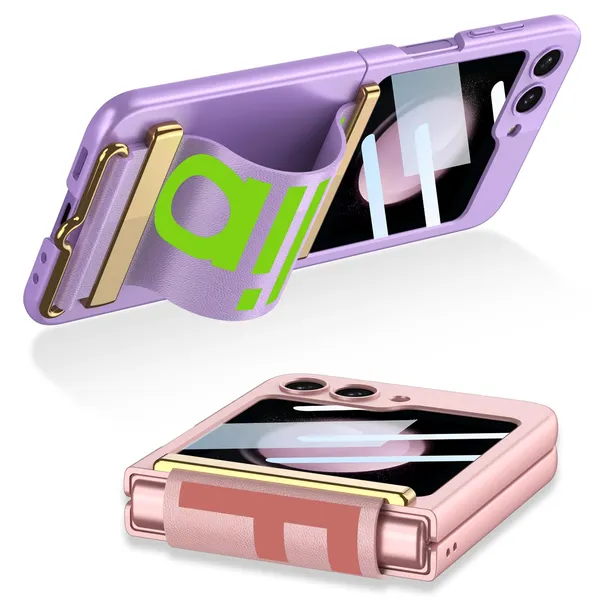 Silver_Ultrathin_Pc_Wristband_Case_With_Glass_Protective_Cover_For_Flip_5_Slim_Shockproof_Scratch_Resistant_Case_Durable_Body_With_Wrist_Strap_Samsung_Galaxy_Flip_5