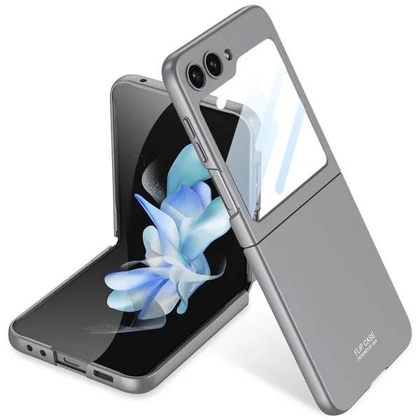 Gray_Slim_Back_Case_For_Samsung_Flip_5_Ultra_Thin_Pc_And_Glass_Cover_Shockproof_Design_With_Full_Protection_Scratch_Resistant_Shell_With_Sleek_Finish_Precision_Cut