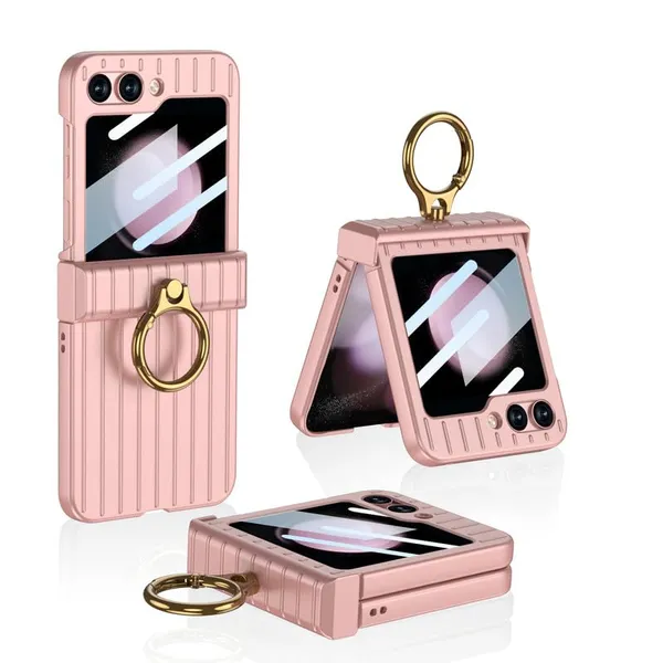 Pink_Ultra_Thin_Suitcase_Style_Pc_Case_With_Glass_Protective_Cover_For_Samsung_Galaxy_Z_Flip_5_Slim_Shockproof_Body_With_Stylish_Finish_And_Anti_Scratch_Grip
