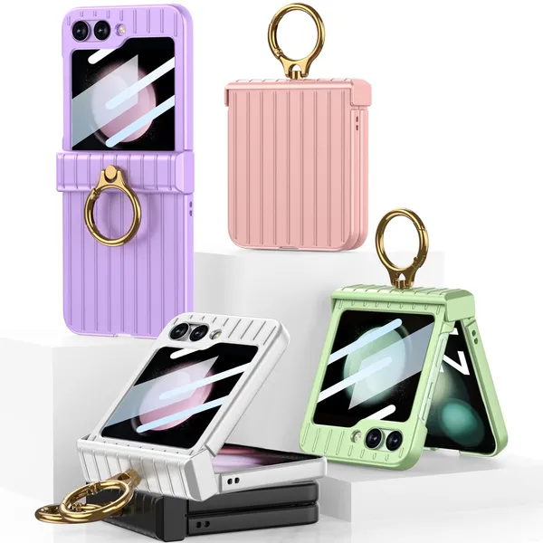 Pink_Ultra_Thin_Suitcase_Style_Pc_Case_With_Glass_Protective_Cover_For_Samsung_Galaxy_Z_Flip_5_Slim_Shockproof_Body_With_Stylish_Finish_And_Anti_Scratch_Grip