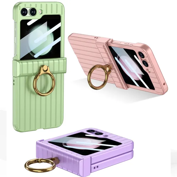 Pink_Ultra_Thin_Suitcase_Style_Pc_Case_With_Glass_Protective_Cover_For_Samsung_Galaxy_Z_Flip_5_Slim_Shockproof_Body_With_Stylish_Finish_And_Anti_Scratch_Grip