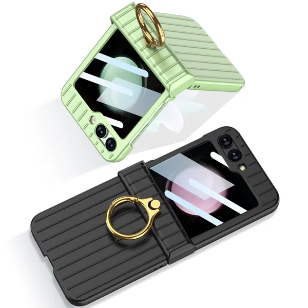 Pink_Ultra_Thin_Suitcase_Style_Pc_Case_With_Glass_Protective_Cover_For_Samsung_Galaxy_Z_Flip_5_Slim_Shockproof_Body_With_Stylish_Finish_And_Anti_Scratch_Grip
