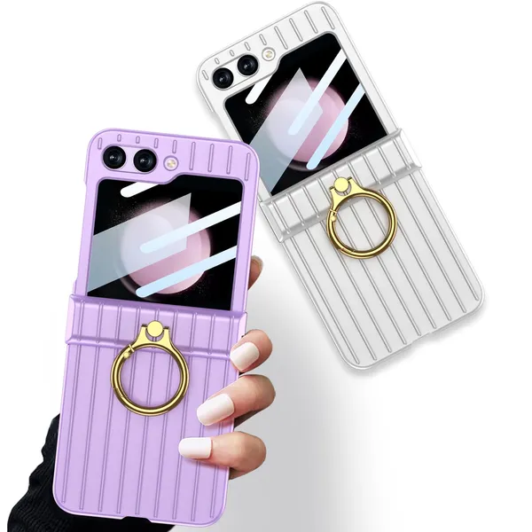 Pink_Ultra_Thin_Suitcase_Style_Pc_Case_With_Glass_Protective_Cover_For_Samsung_Galaxy_Z_Flip_5_Slim_Shockproof_Body_With_Stylish_Finish_And_Anti_Scratch_Grip