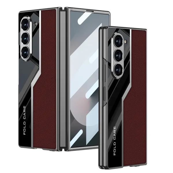 Wine_Electroplating_Pu_Leather_With_Glass_Back_Case_Cover_For_Samsung_Galaxy_Fold_6_Maroon,_Samsung_Galaxy_Z_Fold_6