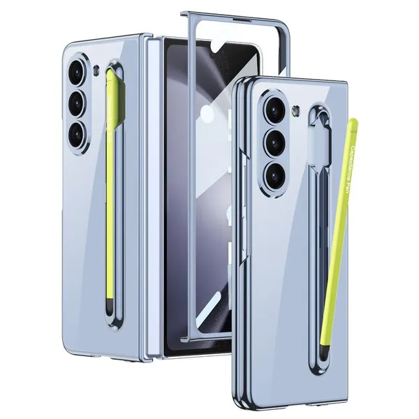Blue_Ultra_Thin_Pc_Case_Compatible_For_Samsung_Galaxy_Z_Fold_5_Inbuilt_S_Pen_Holder_Stand_Hybrid_Back_Case_Cover_Blue_With_Yellow_Pen