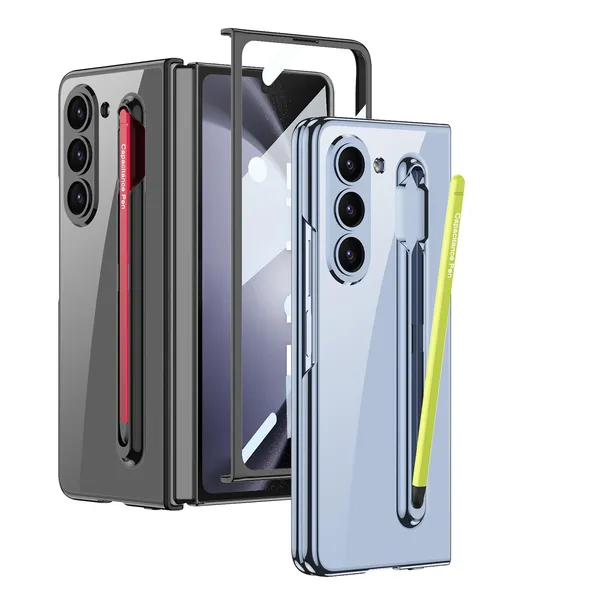 Blue_Ultra_Thin_Pc_Case_Compatible_For_Samsung_Galaxy_Z_Fold_5_Inbuilt_S_Pen_Holder_Stand_Hybrid_Back_Case_Cover_Blue_With_Yellow_Pen