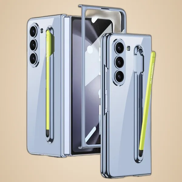 Blue_Ultra_Thin_Pc_Case_Compatible_For_Samsung_Galaxy_Z_Fold_5_Inbuilt_S_Pen_Holder_Stand_Hybrid_Back_Case_Cover_Blue_With_Yellow_Pen