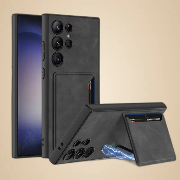 Black_Matte_Pu_Leather_With_Card_Bag_Case_Cover_Compatible_With_Samsung_S24_Ultra_Protective_Phone_Case_Slim_Or_Durable_Design_Shockproof_And_Scratch_Resistant_Cover_Faux_Leather