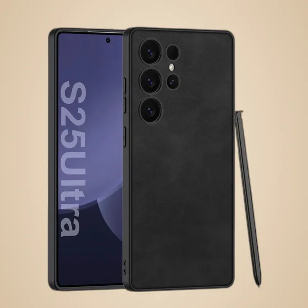 Black_Matte_Pu_Leather_Back_With_Polycarbonate_Sides_Case/Cover_Compatible_For_Samsung_Galaxy_S25_Faux_Leather