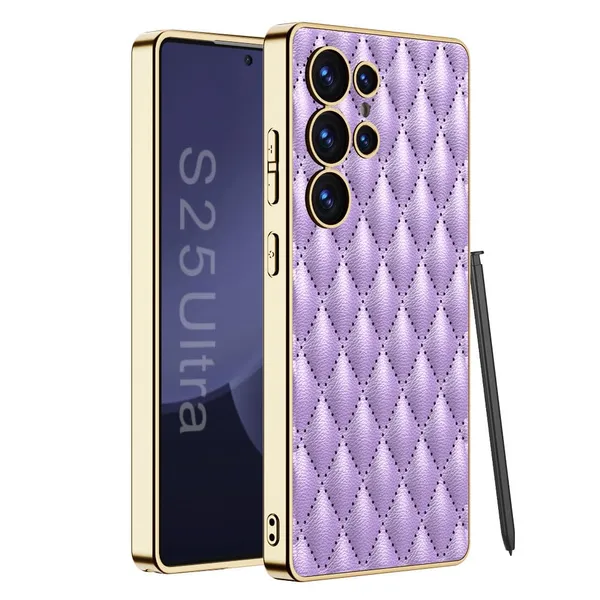 Purple_Electroplating_Pu_Leather_Puff_Design_Back_Case_/_Cover_Compatible_For_Samsung_S25
