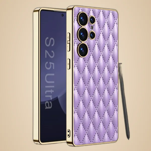 Purple_Electroplating_Pu_Leather_Puff_Design_Back_Case_/_Cover_Compatible_For_Samsung_S25
