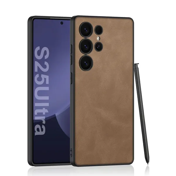 Brown_Matte_Pu_Leather_Back_With_Polycarbonate_Sides_Cover_Case_Compatible_With_Samsung_S25_Ultra