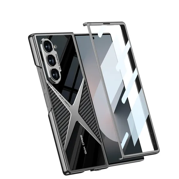 Black_Electroplated_Pu_Leather_Phone_Case_For_Samsung_Fold_6,_Shockproof_Design_With_Glass_Protection,_Slim_Protective_Cover