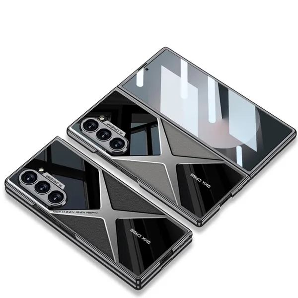 Black_Electroplated_Pu_Leather_Phone_Case_For_Samsung_Fold_6,_Shockproof_Design_With_Glass_Protection,_Slim_Protective_Cover