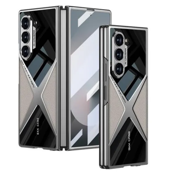 Titanium_Electroplated_Pu_Leather_Phone_Case_For_Samsung_Fold_6,_Shockproof_Design_With_Glass_Protection,_Slim_Protective_Cover_Titanium