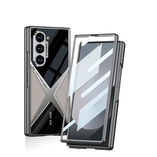 Titanium_Electroplated_Pu_Leather_Phone_Case_For_Samsung_Fold_6,_Shockproof_Design_With_Glass_Protection,_Slim_Protective_Cover_Titanium
