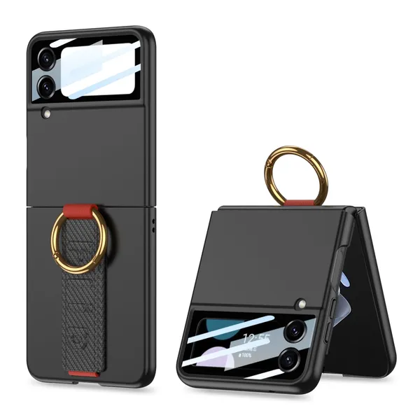 Black_Ultra_Thin_Pc_Case_For_Galaxy_Flip_4,_Protective_Cover_With_Wristband_And_Ring,_Glass_Protection