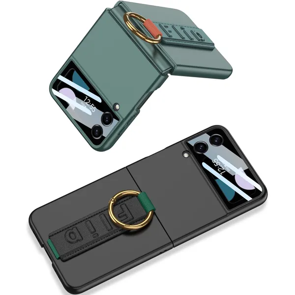 Black_Ultra_Thin_Pc_Case_For_Galaxy_Flip_4,_Protective_Cover_With_Wristband_And_Ring,_Glass_Protection