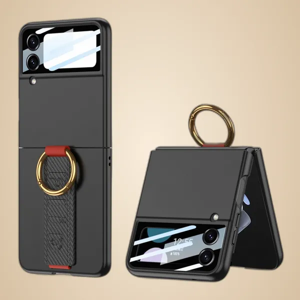 Black_Ultra_Thin_Pc_Case_For_Galaxy_Flip_4,_Protective_Cover_With_Wristband_And_Ring,_Glass_Protection