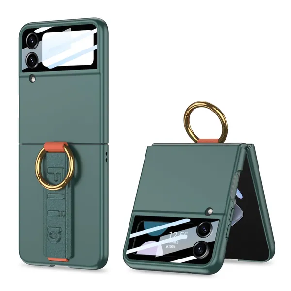 Green_Ultra_Thin_Pc_Case_For_Galaxy_Flip_4,_Protective_Cover_With_Wristband_And_Ring,_Glass_Protection