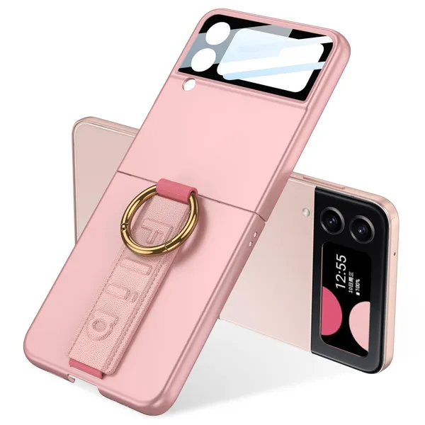 Green_Ultra_Thin_Pc_Case_For_Galaxy_Flip_4,_Protective_Cover_With_Wristband_And_Ring,_Glass_Protection