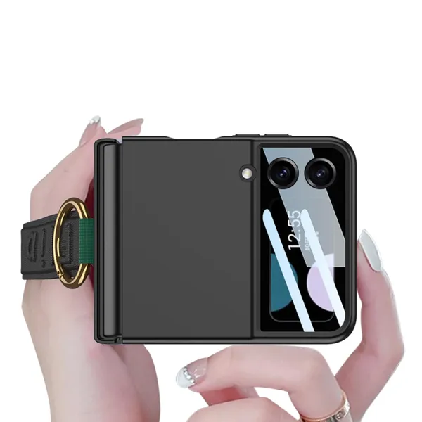 Green_Ultra_Thin_Pc_Case_For_Galaxy_Flip_4,_Protective_Cover_With_Wristband_And_Ring,_Glass_Protection