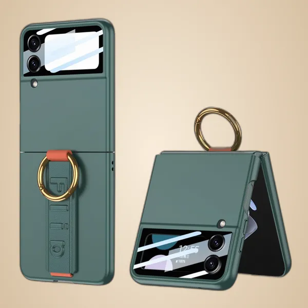 Green_Ultra_Thin_Pc_Case_For_Galaxy_Flip_4,_Protective_Cover_With_Wristband_And_Ring,_Glass_Protection