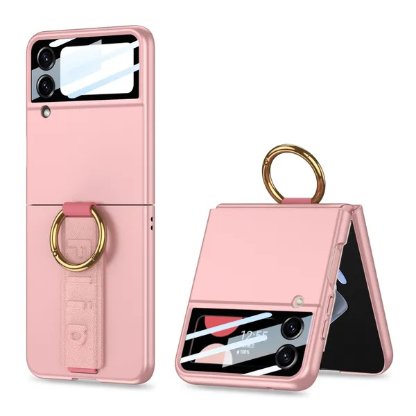 Pink_Ultra_Thin_Pc_Case_For_Galaxy_Flip_4,_Protective_Cover_With_Wristband_And_Ring,_Glass_Protection
