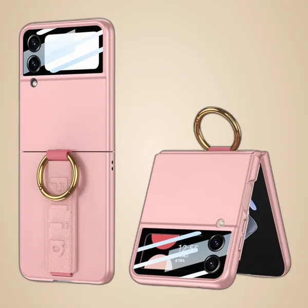 Pink_Ultra_Thin_Pc_Case_For_Galaxy_Flip_4,_Protective_Cover_With_Wristband_And_Ring,_Glass_Protection