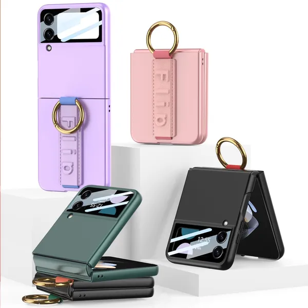 Purple_Ultra_Thin_Pc_Case_For_Galaxy_Flip_4,_Protective_Cover_With_Wristband_And_Ring,_Glass_Protection