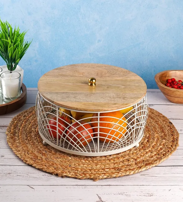Grey_&_Light_Brown_Decorative_Round_Wire_Mesh_Fruit_Storage_Basket_With_Wooden_Lid_(25_X_25_X_16_Cm)