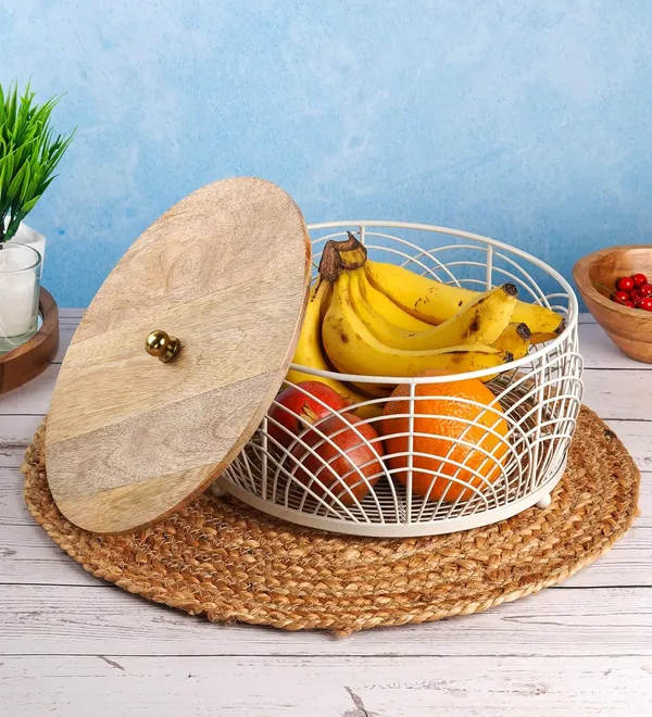 Grey_&_Light_Brown_Decorative_Round_Wire_Mesh_Fruit_Storage_Basket_With_Wooden_Lid_(25_X_25_X_16_Cm)