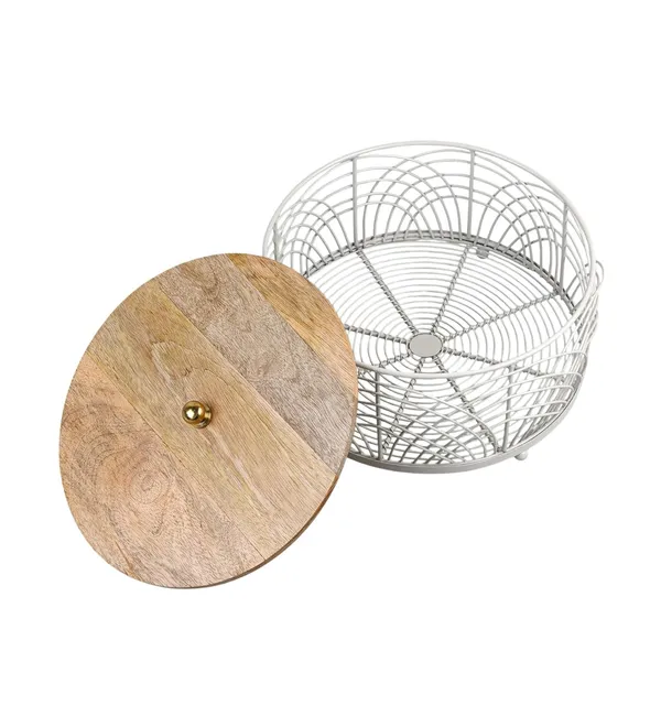Grey_&_Light_Brown_Decorative_Round_Wire_Mesh_Fruit_Storage_Basket_With_Wooden_Lid_(25_X_25_X_16_Cm)