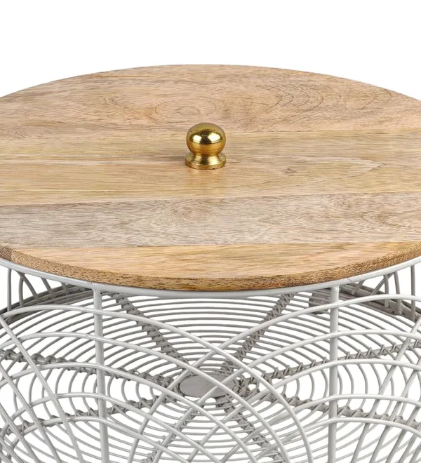 Grey_&_Light_Brown_Decorative_Round_Wire_Mesh_Fruit_Storage_Basket_With_Wooden_Lid_(25_X_25_X_16_Cm)