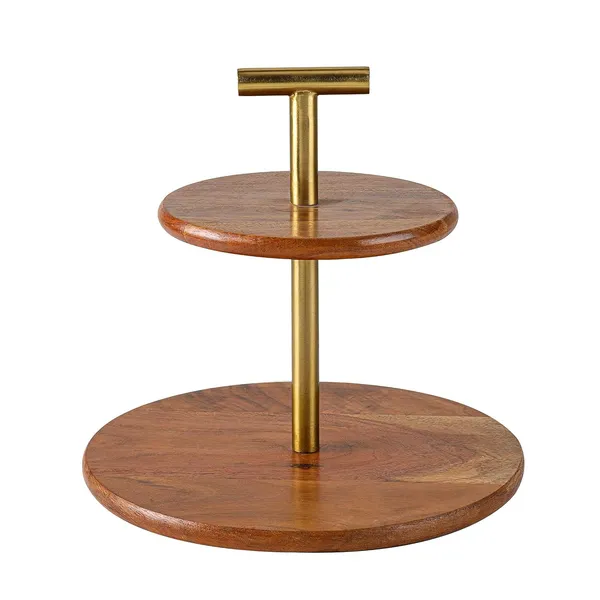 Golden_&_Brown_2-Tier_Mango_Wood_And_Metal_Cake_Stand_(11.5_X_11.5_X_11_Cm)