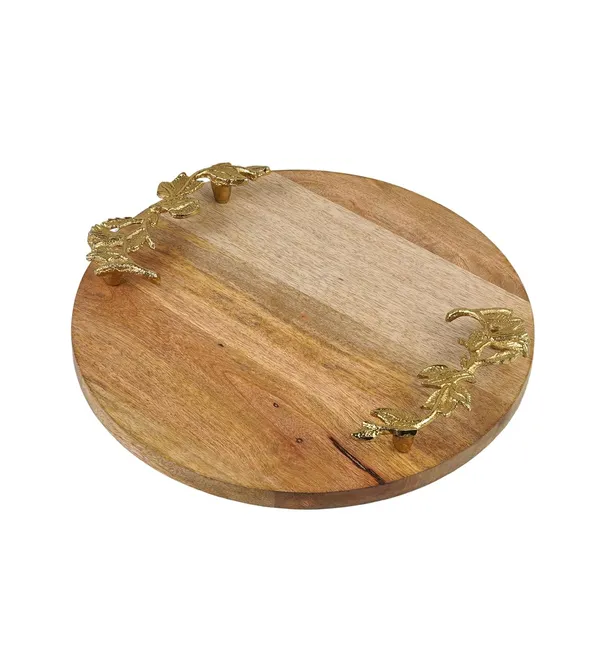 Light_Brown_Round_Wooden_Serving_Tray_With_Gold_Leaf_Handles_Accents_(30L_X_30W_X_4H_Cm)