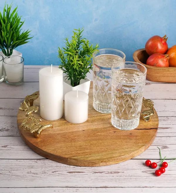 Light_Brown_Round_Wooden_Serving_Tray_With_Gold_Leaf_Handles_Accents_(30L_X_30W_X_4H_Cm)
