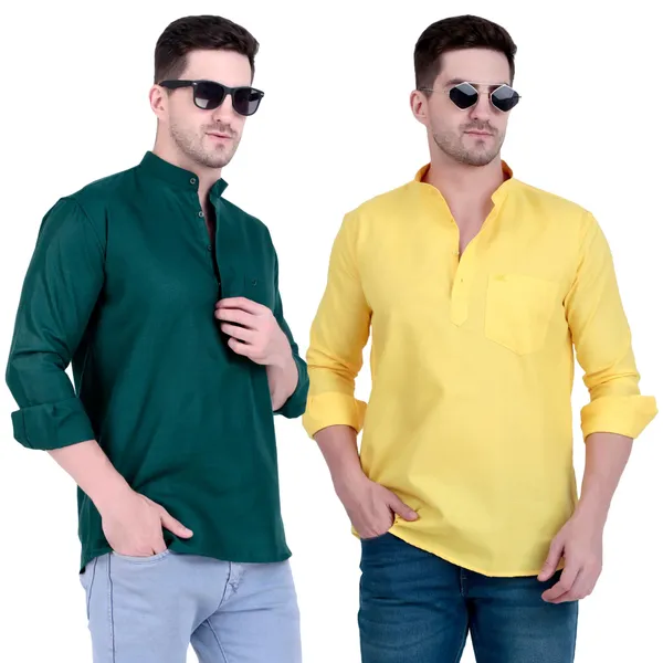 Ethno_Men�s_Cotton_Blend_Solid_Casual_Regular_Fit_Mandarin_Collar_Short_Kurta_for_Daily_&_Occasion_Use,_Pack_of_2,_(Mehndi_&_Mustard,_L)
