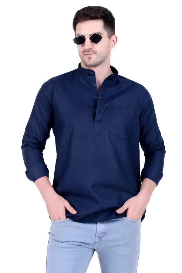 Ethno_Men�s_Cotton_Blend_Solid_Casual_Regular_Fit_Mandarin_Collar_Short_Kurta_for_Daily_&_Occasion_Use,_Pack_of_1,_(Navy,_XL)