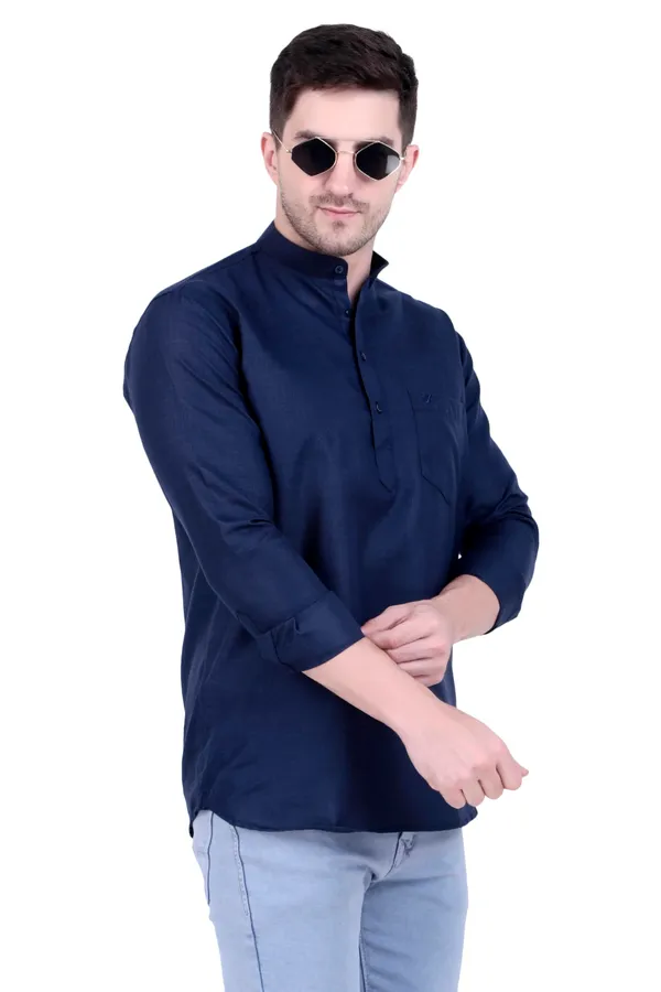 Ethno_Men�s_Cotton_Blend_Solid_Casual_Regular_Fit_Mandarin_Collar_Short_Kurta_for_Daily_&_Occasion_Use,_Pack_of_1,_(Navy,_XL)