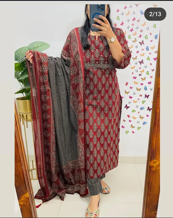 Azrak__Cotton_Kurti_Pant_Dupta_Set_For_Women