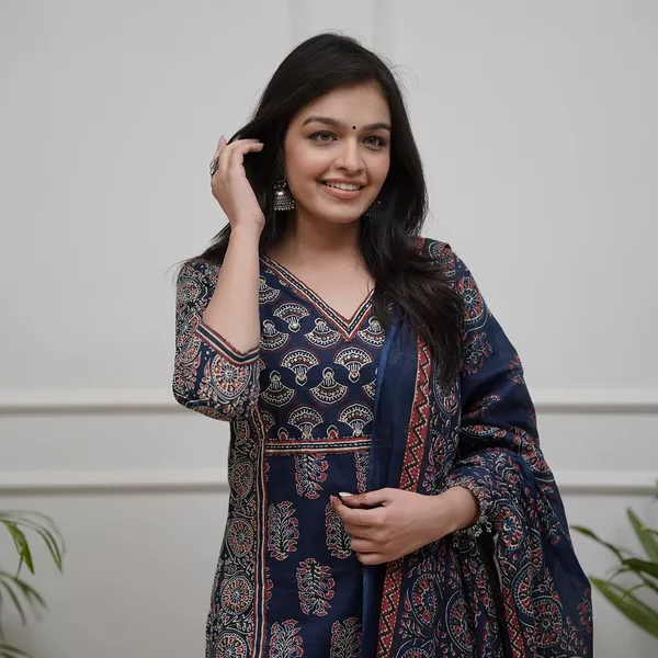 Blue_Cotton_Kurti_&_Pant_Dupatta_Set_For_Women