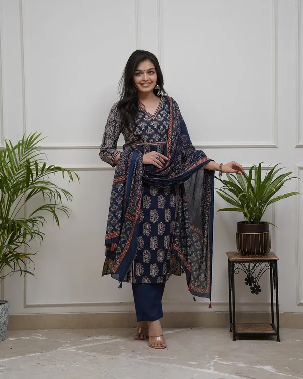 Blue_Cotton_Kurti_&_Pant_Dupatta_Set_For_Women