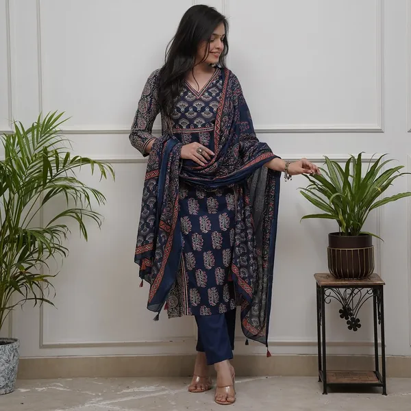 Blue_Cotton_Kurti_&_Pant_Dupatta_Set_For_Women