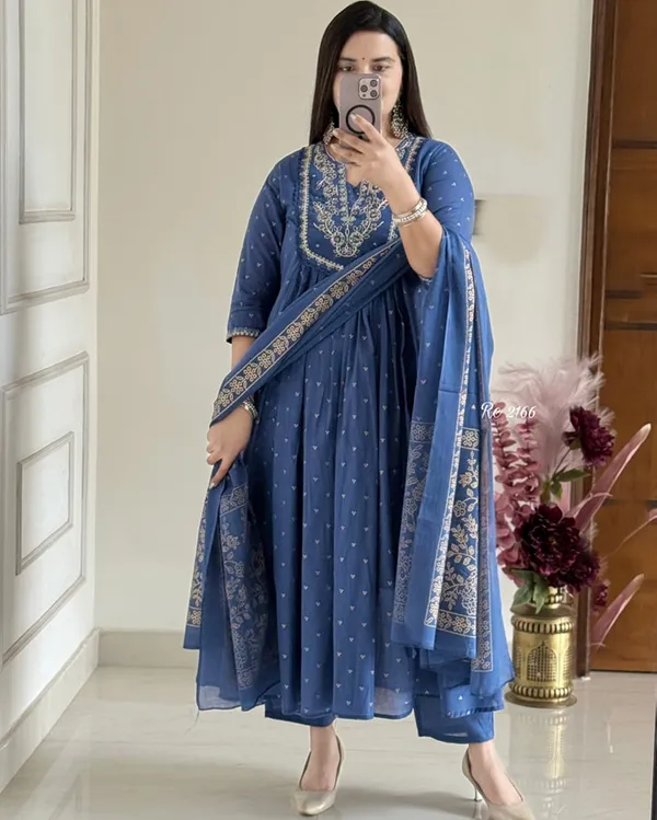 ROYAL_BLUE_Cotton_Anarkali_Kurta_With_Pant_&_Dupatta_Set_For_Women