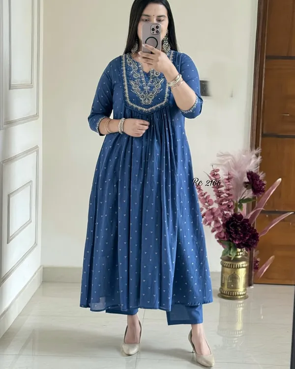 ROYAL_BLUE_Cotton_Anarkali_Kurta_With_Pant_&_Dupatta_Set_For_Women