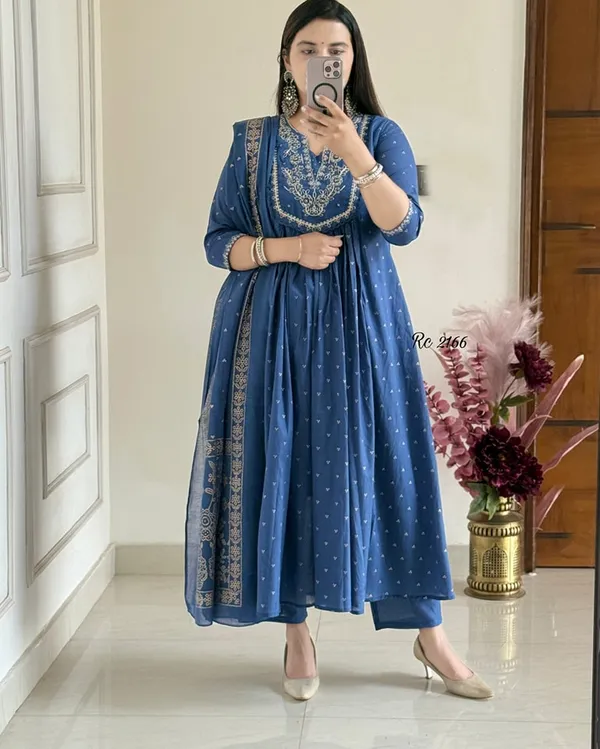 ROYAL_BLUE_Cotton_Anarkali_Kurta_With_Pant_&_Dupatta_Set_For_Women