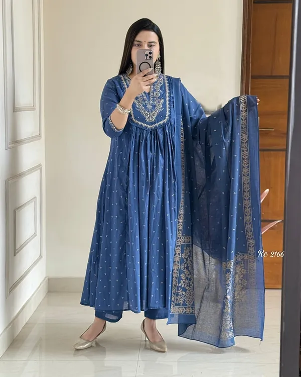 ROYAL_BLUE_Cotton_Anarkali_Kurta_With_Pant_&_Dupatta_Set_For_Women